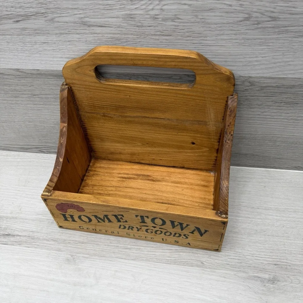 Primitive Wood Storage Caddy Home Town Dry Goods Mail Organizer VTG